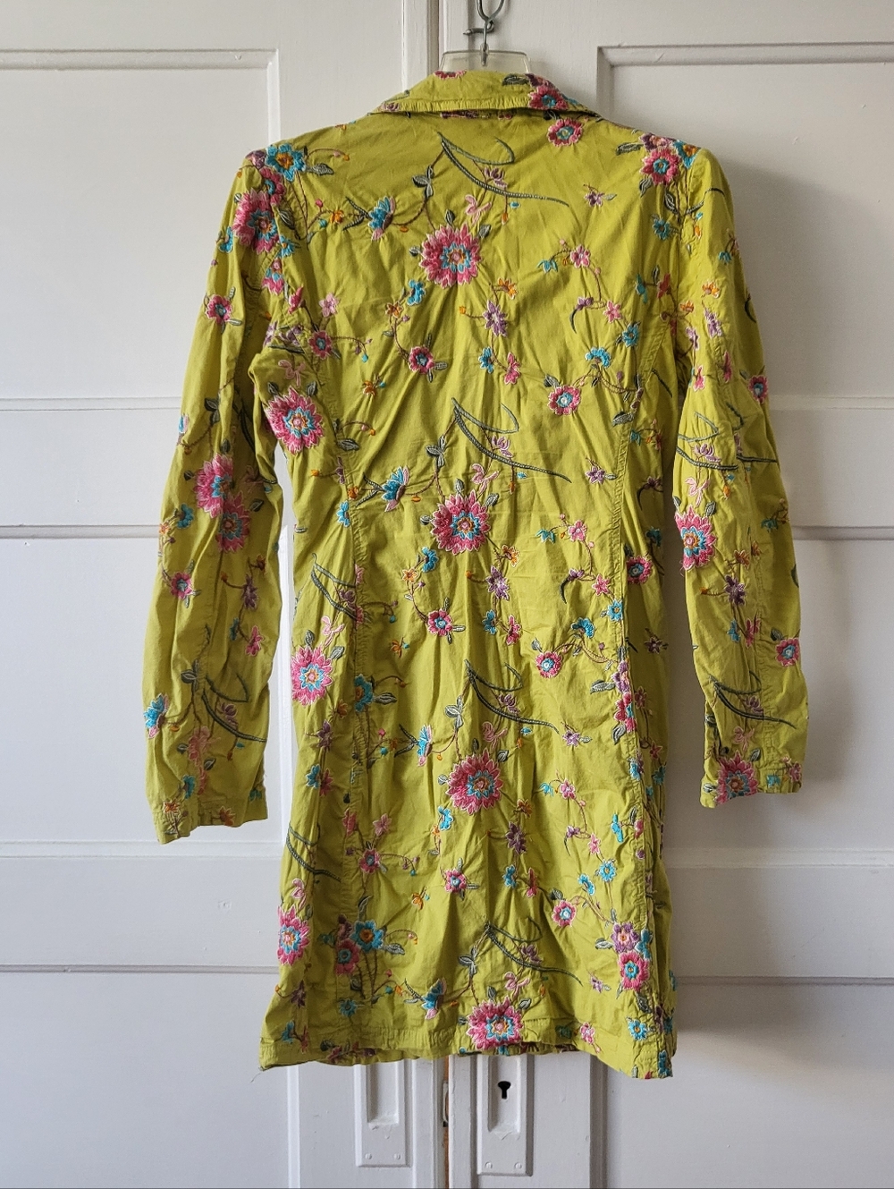 Johnny Was Chartreuse Floral Embroidered Stretch Jacket Long Trench Coat XS - Picture 2 of 5